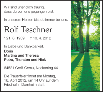 Traueranzeige von Rolf Teschner von Rüsselsheimer Echo, Groß-Gerauer-Echo, Ried Echo