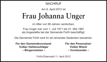 Traueranzeige von Johanna Unger von Echo-Zeitungen (Gesamtausgabe)