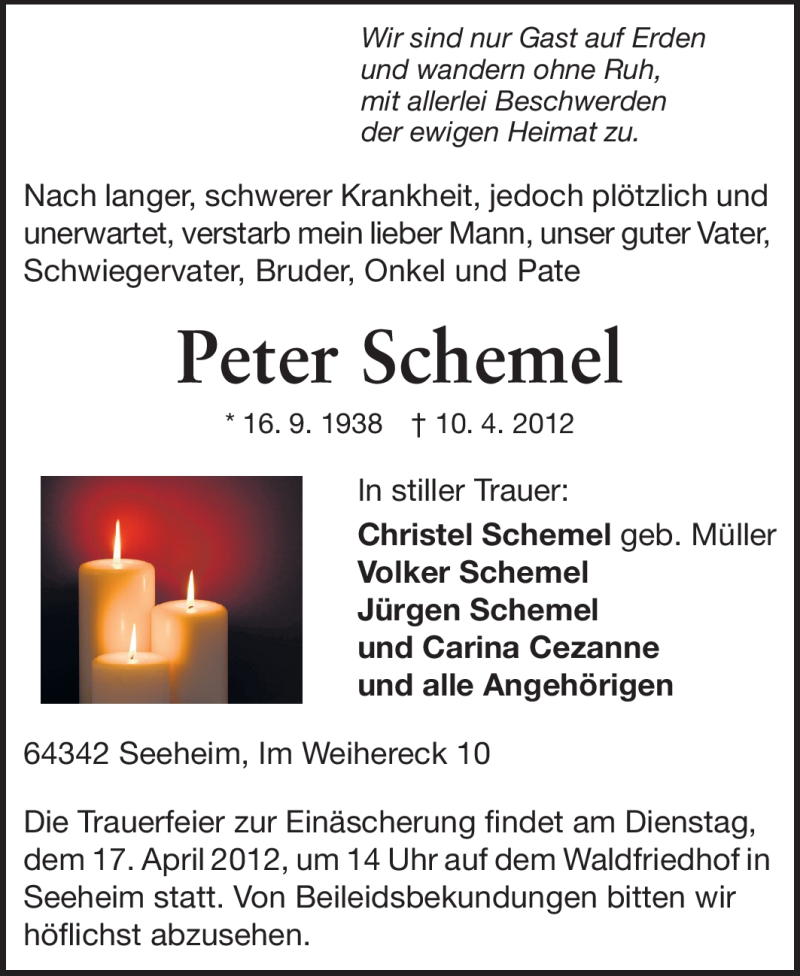  Traueranzeige für Peter Schemel vom 13.04.2012 aus Echo-Zeitungen (Gesamtausgabe)