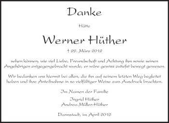 Traueranzeige von Werner Karl Hüther von Echo-Zeitungen (Gesamtausgabe)