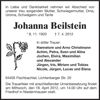 Traueranzeige von Johanna Beilstein von Echo-Zeitungen (Gesamtausgabe)