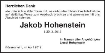 Traueranzeige von Jakob Hohenstein von Rüsselsheimer Echo, Groß-Gerauer-Echo, Ried Echo