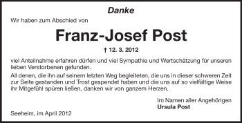 Traueranzeige von Franz-Josef Post von Echo-Zeitungen (Gesamtausgabe)