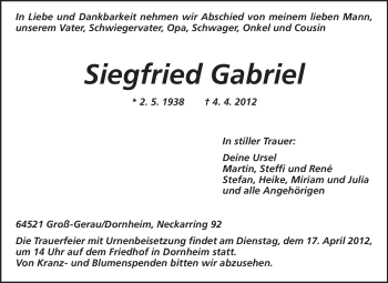 Traueranzeige von Siegfried Gabriel von Rüsselsheimer Echo, Groß-Gerauer-Echo, Ried Echo