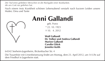 Traueranzeige von Anni Gallandi von Darmstädter Echo, Odenwälder Echo, Rüsselsheimer Echo, Groß-Gerauer-Echo, Ried Echo