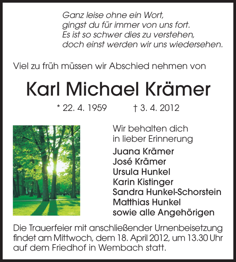  Traueranzeige für Karl Michael Krämer vom 14.04.2012 aus Darmstädter Echo, Odenwälder Echo, Rüsselsheimer Echo, Groß-Gerauer-Echo, Ried Echo