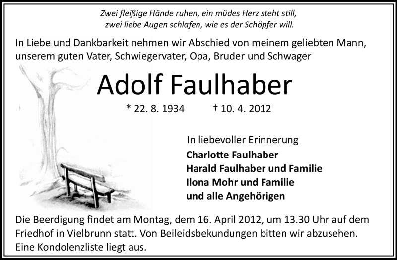  Traueranzeige für Adolf Faulhaber vom 13.04.2012 aus Odenwälder Echo