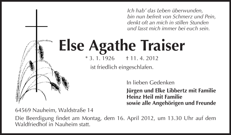  Traueranzeige für Else Agathe Traiser vom 13.04.2012 aus Rüsselsheimer Echo, Groß-Gerauer-Echo, Ried Echo