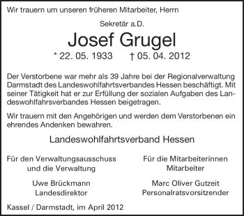 Traueranzeige von Josef Grugel von Echo-Zeitungen (Gesamtausgabe)