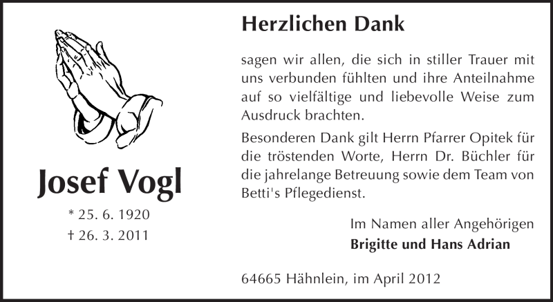  Traueranzeige für Josef Vogl vom 14.04.2012 aus Echo-Zeitungen (Gesamtausgabe)