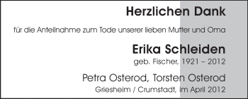 Traueranzeige von Erika Schleiden von Darmstädter Echo, Odenwälder Echo, Rüsselsheimer Echo, Groß-Gerauer-Echo, Ried Echo