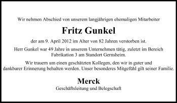 Traueranzeige von Fritz Gunkel von Rüsselsheimer Echo, Groß-Gerauer-Echo, Ried Echo