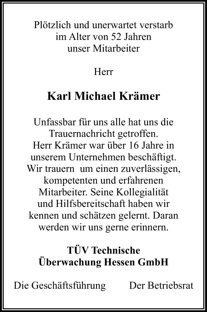  Traueranzeige für Karl Michael Krämer vom 14.04.2012 aus Echo-Zeitungen (Gesamtausgabe)