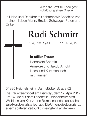 Traueranzeige von Rudi Schmitt von Odenwälder Echo