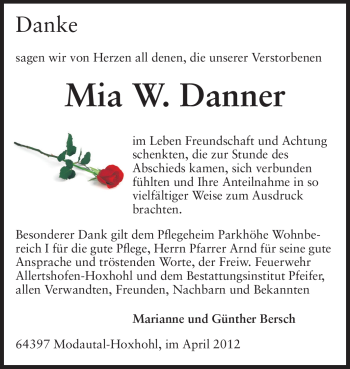Traueranzeige von Mia Wilhelmine Danner von Echo-Zeitungen (Gesamtausgabe)