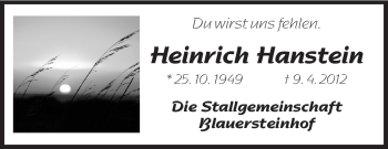Traueranzeige von Heinrich Hanstein von Echo-Zeitungen (Gesamtausgabe)