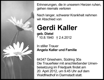 Traueranzeige von Gerdi Kaller von Echo-Zeitungen (Gesamtausgabe)