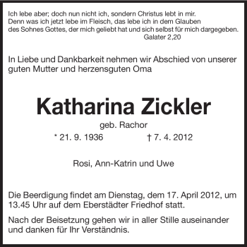 Traueranzeige von Katharina Zickler von Echo-Zeitungen (Gesamtausgabe)