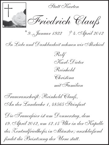 Traueranzeige von Friedrich Clauß von Darmstädter Echo, Odenwälder Echo, Rüsselsheimer Echo, Groß-Gerauer-Echo, Ried Echo