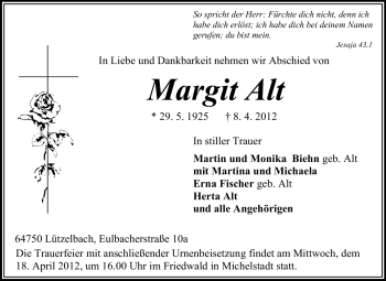 Traueranzeige von Margit Alt von Odenwälder Echo