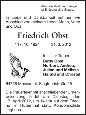Traueranzeige von Friedrich Obst von Odenwälder Echo