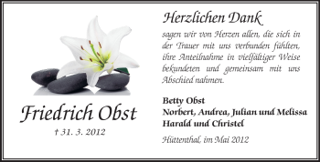 Traueranzeige von Friedrich Obst von Odenwälder Echo