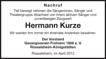 Traueranzeige von Hermann Kurze von Rüsselsheimer Echo, Groß-Gerauer-Echo, Ried Echo