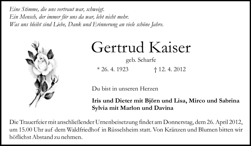  Traueranzeige für Gertrud Kaiser vom 17.04.2012 aus Rüsselsheimer Echo, Groß-Gerauer-Echo, Ried Echo