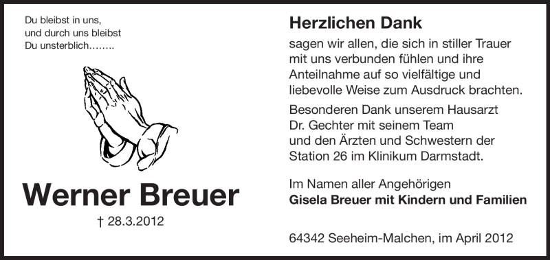  Traueranzeige für Werner Breuer vom 21.04.2012 aus Echo-Zeitungen (Gesamtausgabe)