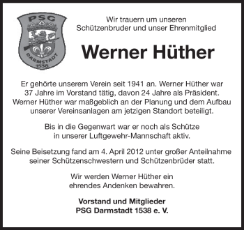 Traueranzeige von Werner Hüther von Echo-Zeitungen (Gesamtausgabe)