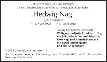 Traueranzeige von Hedwig Nagl von Echo-Zeitungen (Gesamtausgabe)