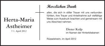 Traueranzeige von Herta-Maria Astheimer von Rüsselsheimer Echo, Groß-Gerauer-Echo, Ried Echo
