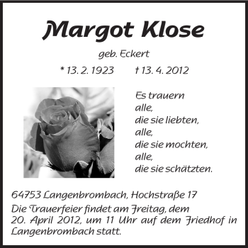 Traueranzeige von Margot Klose von Echo-Zeitungen (Gesamtausgabe)