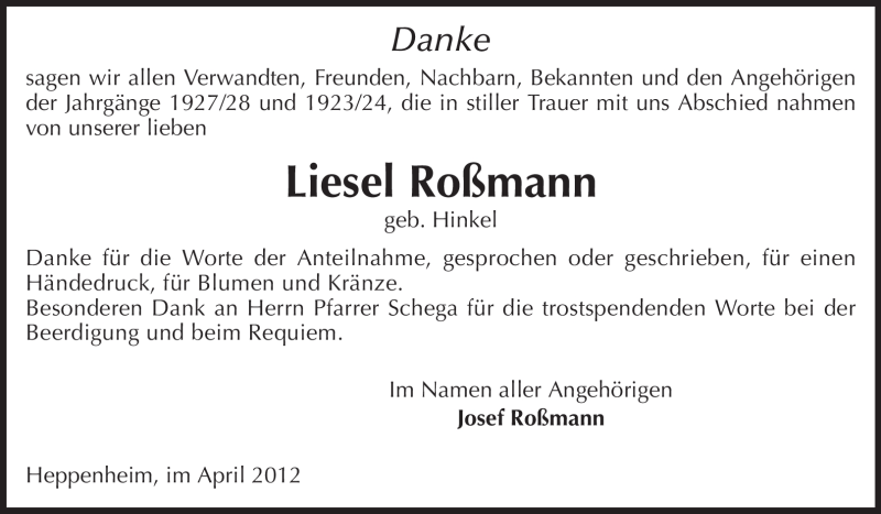  Traueranzeige für Liesel Roßmann vom 20.04.2012 aus Starkenburger Echo, Bergsträßer Anzeiger