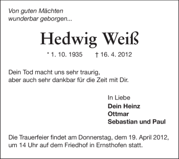 Traueranzeige von Hedwig Weiß von Echo-Zeitungen (Gesamtausgabe)