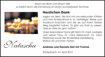 Traueranzeige von Natascha  von Starkenburger Echo, Bergsträßer Anzeiger