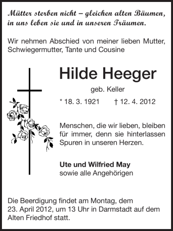 Traueranzeige von Hilde Heeger von Echo-Zeitungen (Gesamtausgabe)