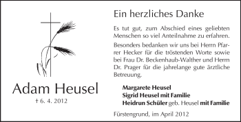 Traueranzeige von Adam Heusel von Odenwälder Echo