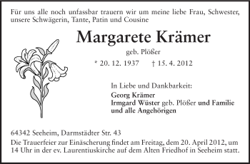 Traueranzeige von Margarete Krämer von Echo-Zeitungen (Gesamtausgabe)