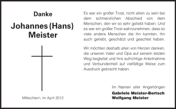 Traueranzeige von Johannes Meister von Starkenburger Echo