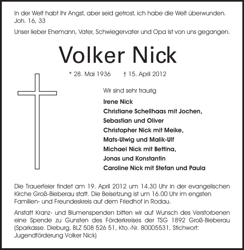  Traueranzeige für Volker Nick vom 17.04.2012 aus Echo-Zeitungen (Gesamtausgabe)
