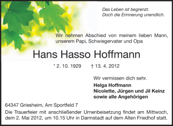 Traueranzeige von Hans Hasso Hoffmann von Echo-Zeitungen (Gesamtausgabe)