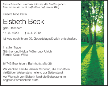Traueranzeige von Elsbeth Beck von Odenwälder Echo