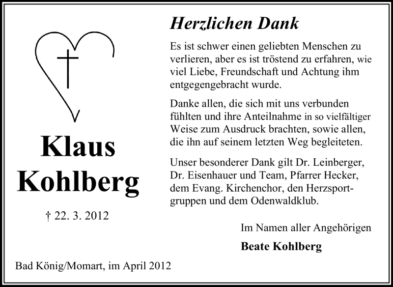  Traueranzeige für Klaus Kohlberg vom 18.04.2012 aus Echo-Zeitungen (Gesamtausgabe)