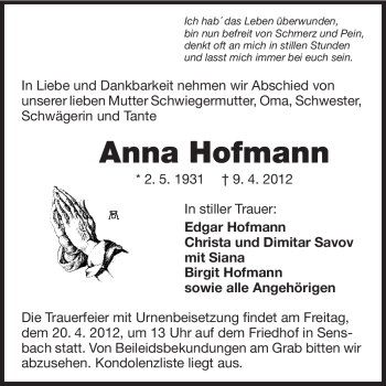 Traueranzeige von Anna Hofmann von Odenwälder Echo