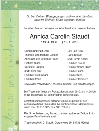 Traueranzeige von Annica Carolin Staudt von Odenwälder Echo