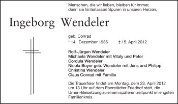Traueranzeige von Ingeborg Wendeler von Echo-Zeitungen (Gesamtausgabe)