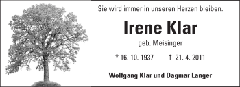 Traueranzeige von Irene Klar von Echo-Zeitungen (Gesamtausgabe)