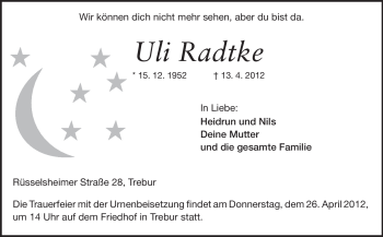 Traueranzeige von Uli Radtke von Rüsselsheimer Echo, Groß-Gerauer-Echo, Ried Echo