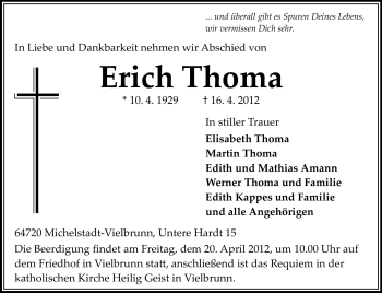 Traueranzeige von Erich Thoma von Odenwälder Echo